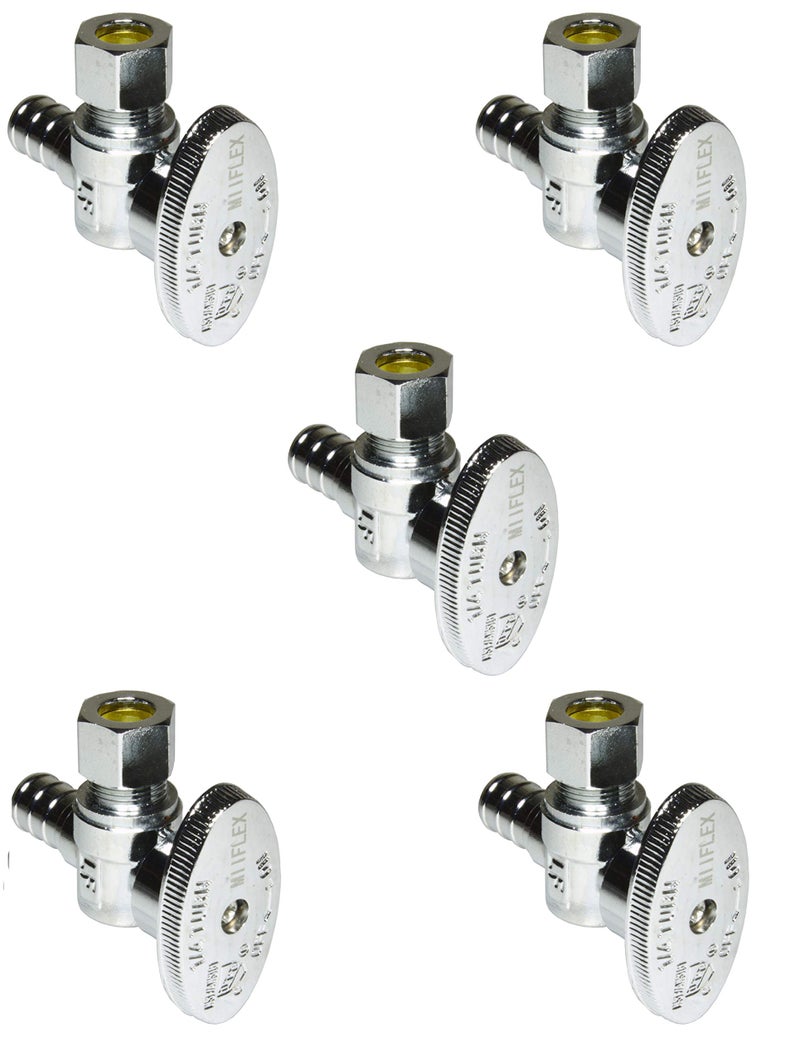 Miiflex Heavy Duty Chrome Plated Brass 1/4 Turn Angle Valve 1/2" PEX B In x 3/8" COMP Out (5 Pack) - Image 1